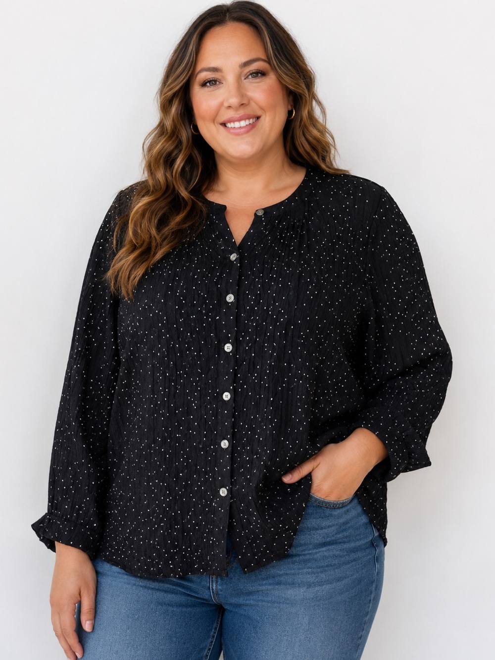J. Jill Polka Dot Pintucked Long Sleeve Blouse - Women's XL